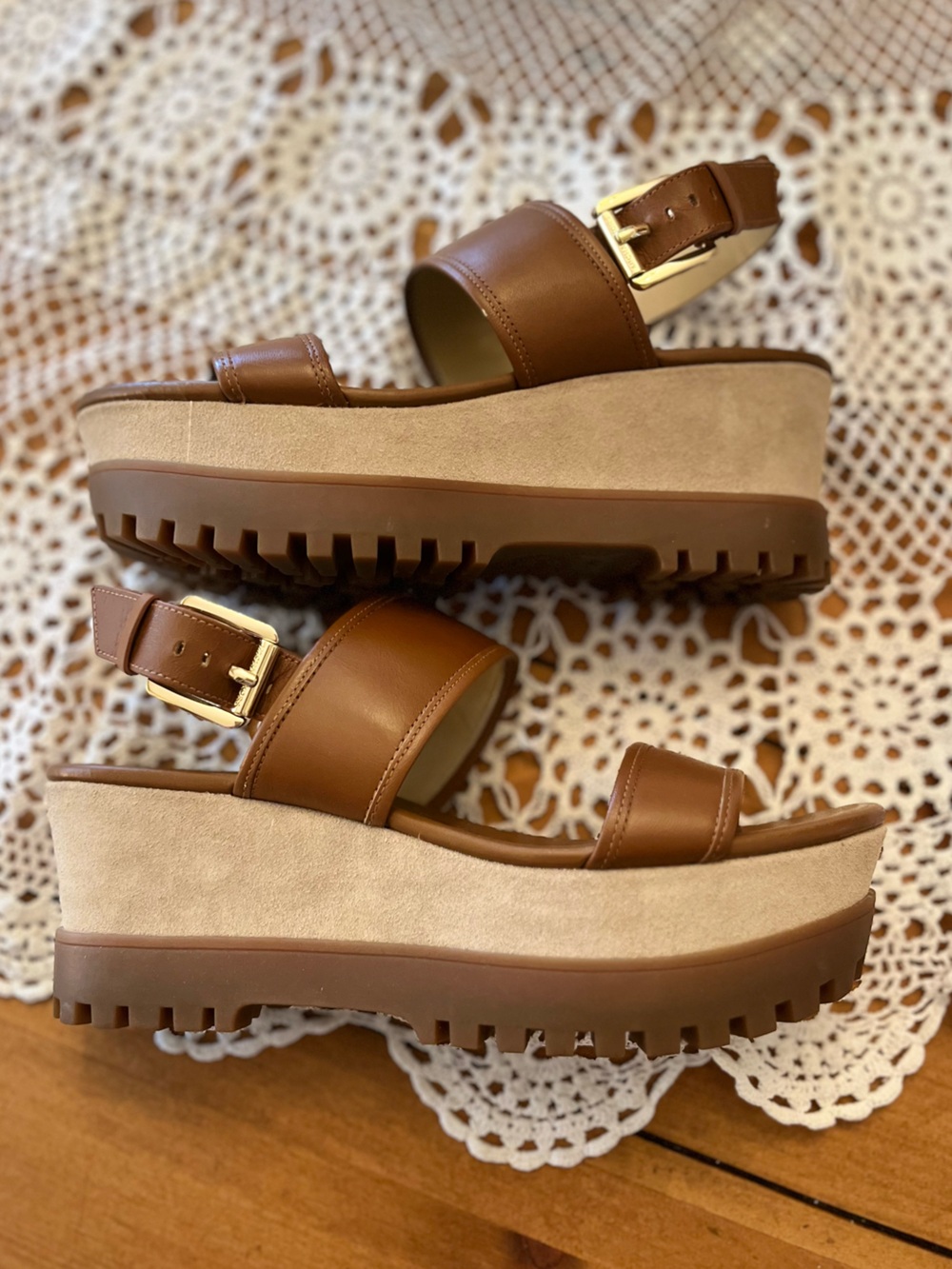 Michael Kors Tan Suede and Brown Leather Lug Platform Sandals with Gold Buckle - Picture 12 of 12